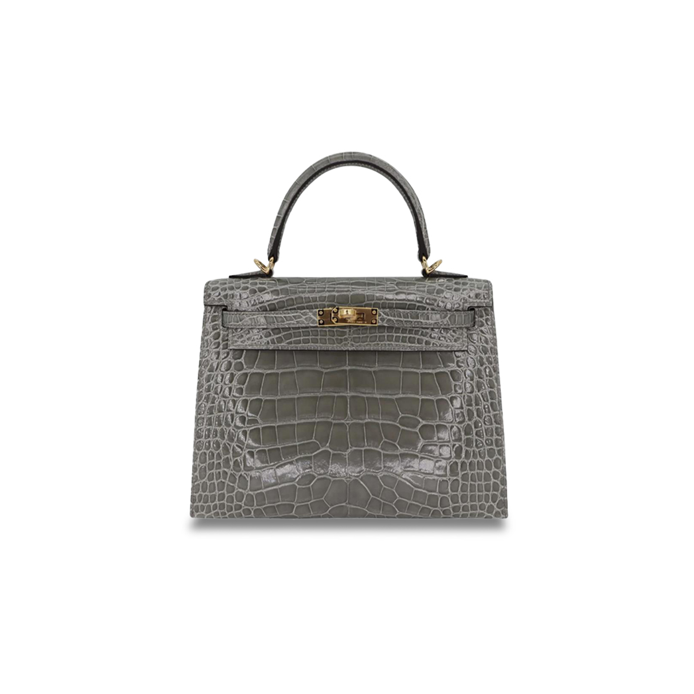 H**mes master kelly 25 sellier gris cement shiny alligator gold hardware (25*17*7cm)